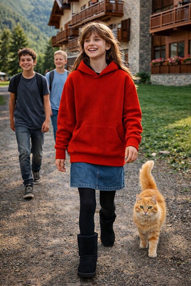 Children's Oversize Sweat-Shirt Hoodie 3 Yarn Fleece-Lined Red