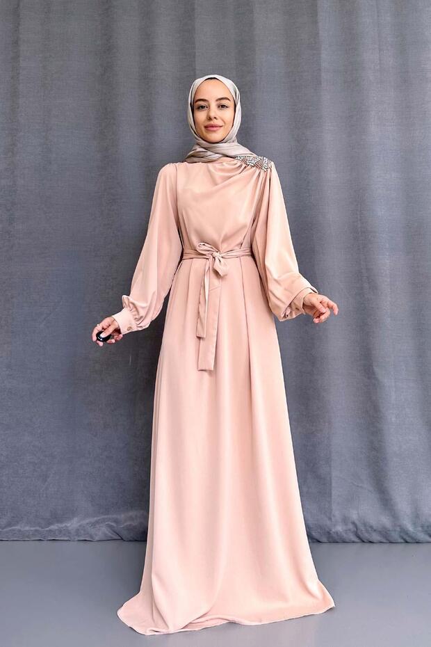 Omzu Stone Embellished Evening Dress - Beige