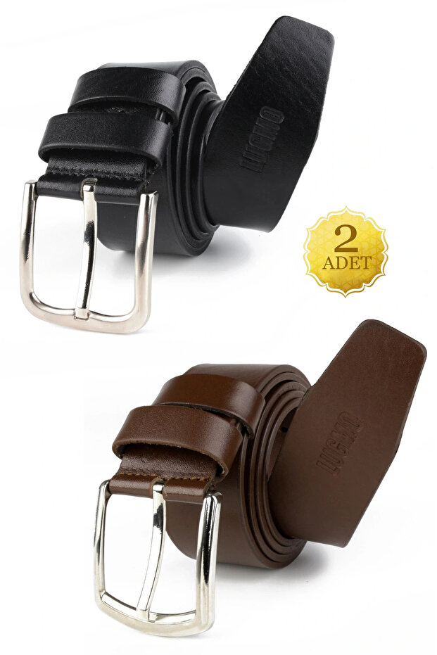2 Pieces Men's Black Brown 4.5 cm Jeans Compatible Genuine Leather Men's Belt