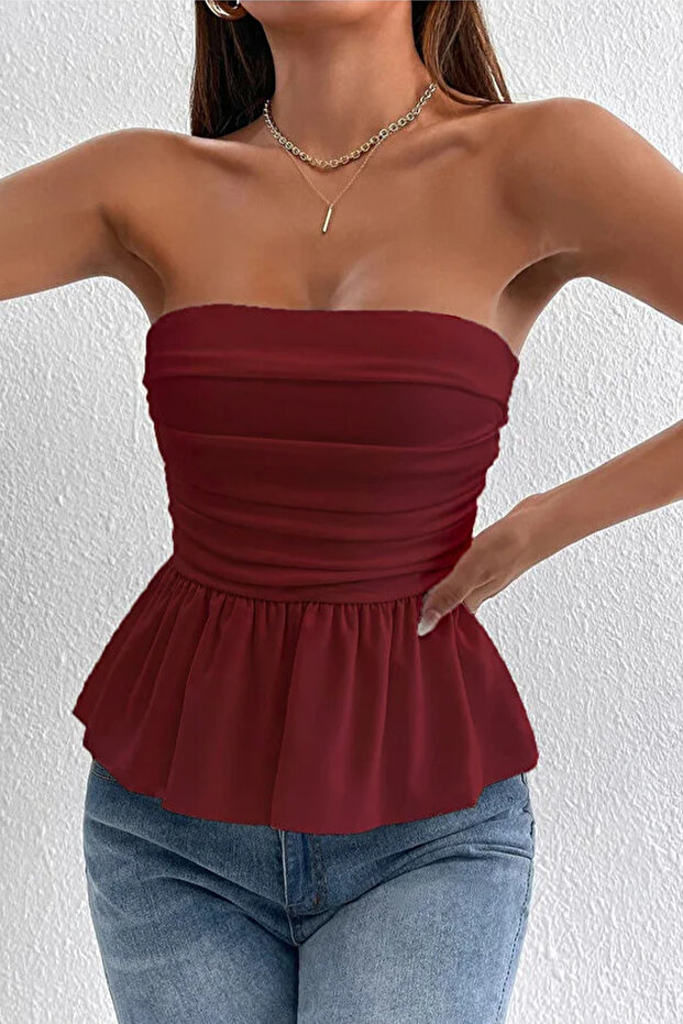 Strapless Burgundy Blouse with Gathered Front and Pleated Detail