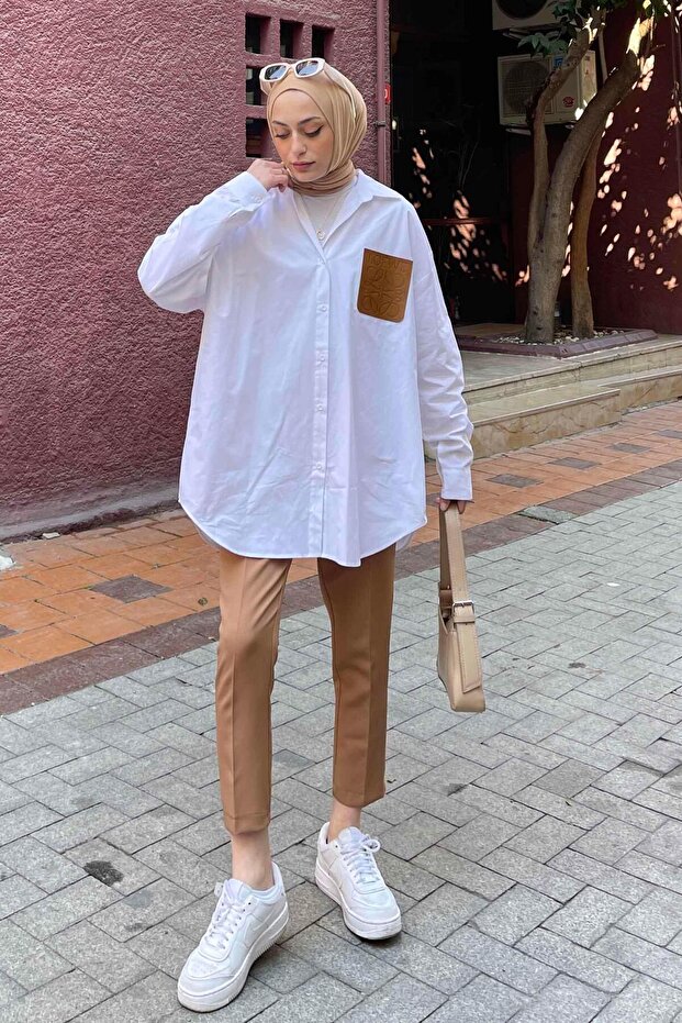 White Leather Shirt - Pocket Detail