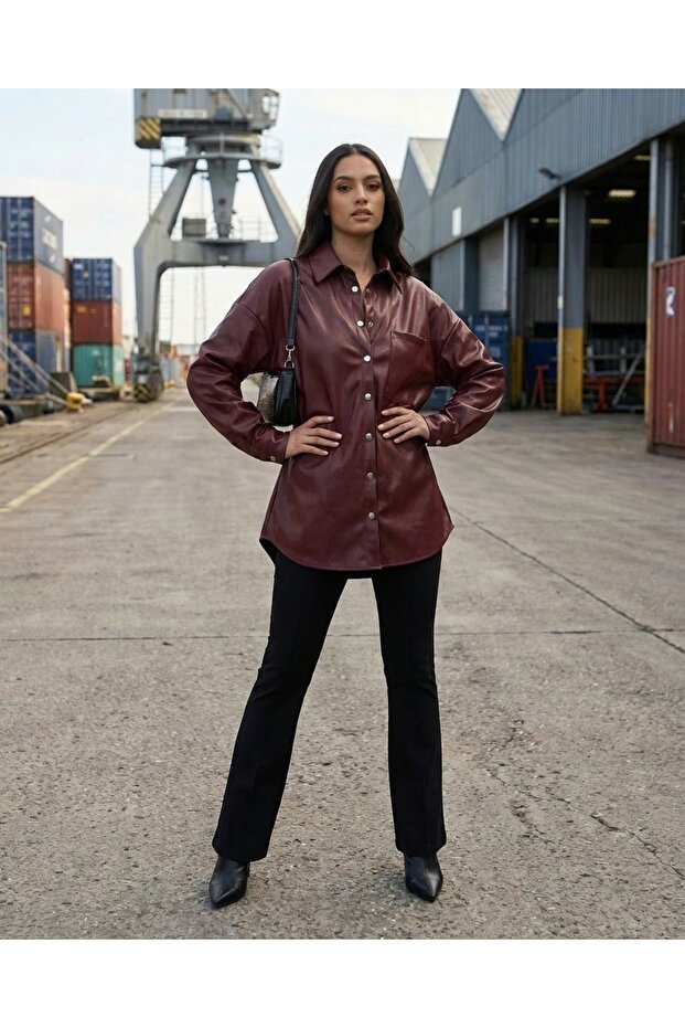 Burgundy Oversize Leather Shirt with Pocket Detail