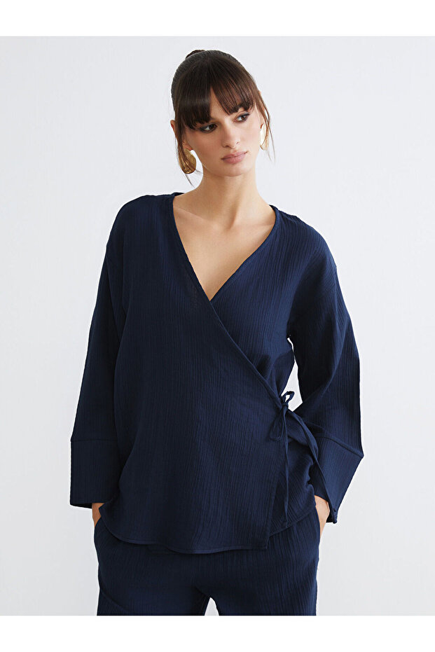 Lcw Visionindigo Double Breasted Collar Textured Muslin Women's Kimono