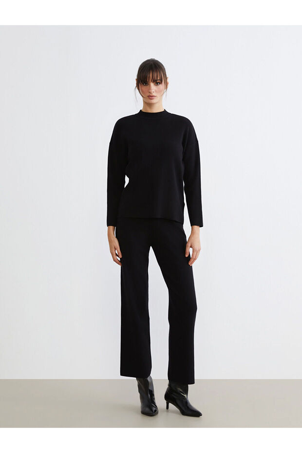 Lcw Vision Black Wide Leg Women's Knitwear Trousers with Elastic Waist