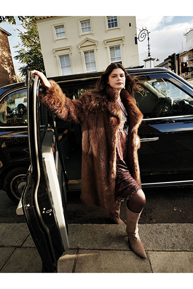 Lcw Vision Brown Jacket Collar Women's Fur Coat