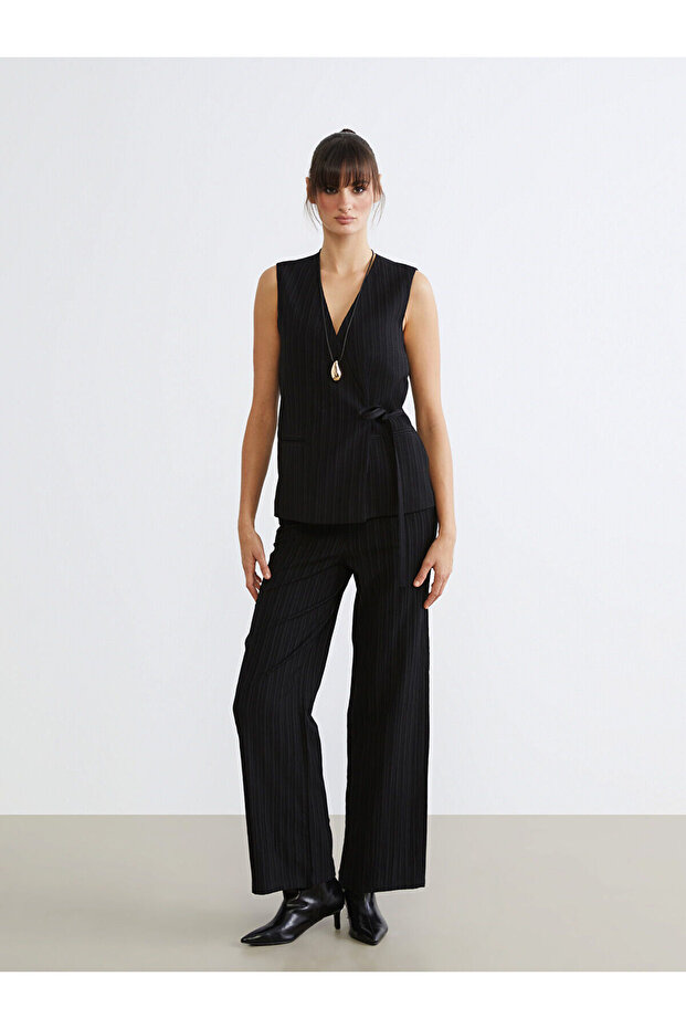 Lcw Vision Black Elastic Waist Linen Blend Women's Trousers