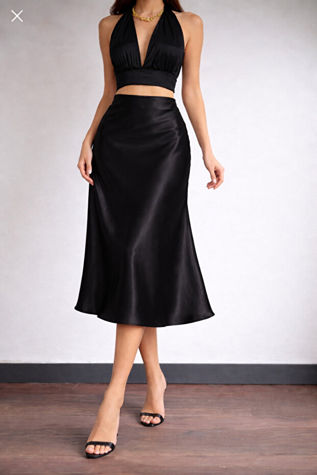 Black Midi Length Satin Skirt with Elastic Waist, Midi Skirt