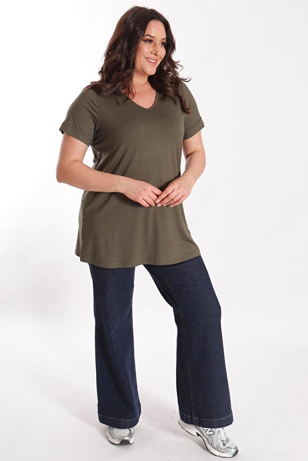 Büyük Beden Kadın V Yakalı Yırtmaçlı Basic Haki Bluz (T-Shirt) - 6