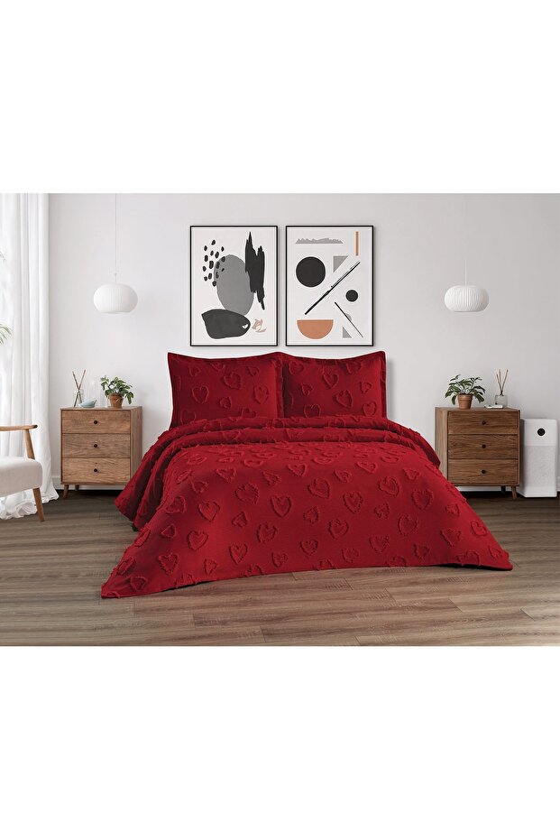 Heart 3 Piece Double Bedspread Red