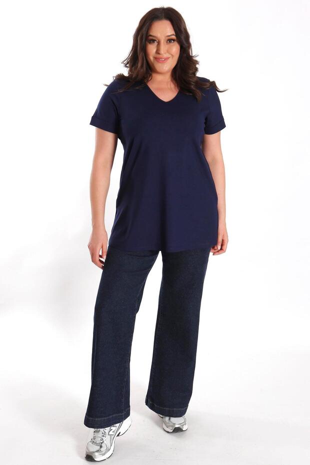 Büyük Beden Kadın V Yakalı Yırtmaçlı Basic Lacivert Bluz (T-Shirt) - 9