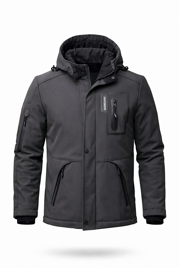 Outdoor Hooded Water and Windproof Quilted Fur Fiber Filled Inflatable Gray Softshell Coat