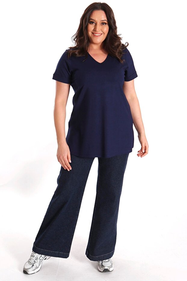 Büyük Beden Kadın V Yakalı Yırtmaçlı Basic Lacivert Bluz (T-Shirt) - 5