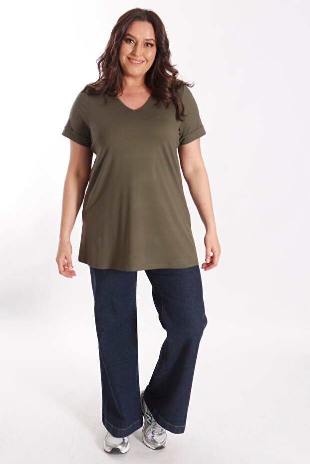 Büyük Beden Kadın V Yakalı Yırtmaçlı Basic Haki Bluz (T-Shirt) - 4