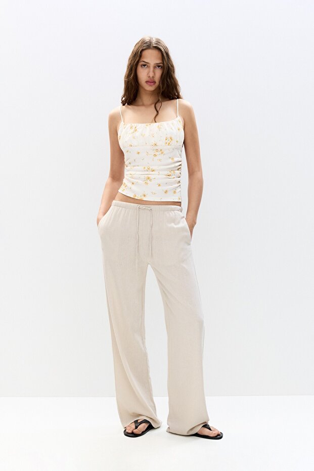 Dökümlü keten pantolon - 4