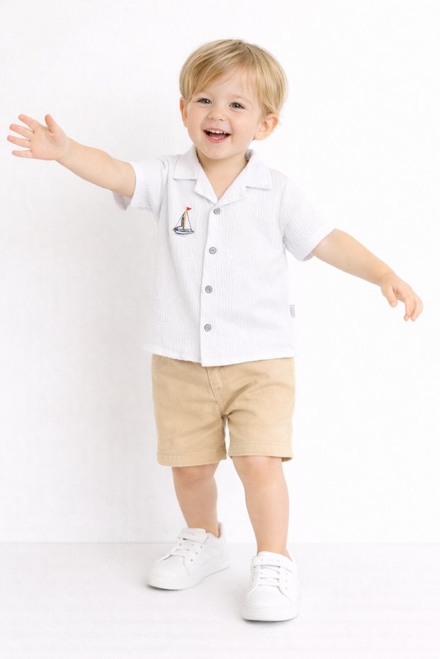Style Shirt Sail Pattern Adjustable Waist Short Sleeve with Shorts 3-Piece Suit Children's and Baby's Clothing Self