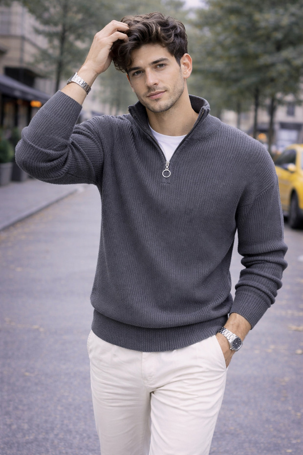 Men's Slim Fit Slim Fit Half Zip Mock Neck Knitwear Sweater