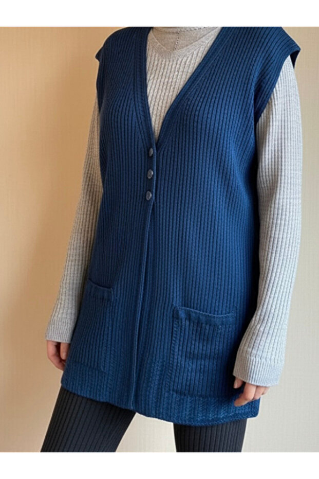 Mercerized Hair Knitted Single Knitted Mother's Vest / Indigo Blue