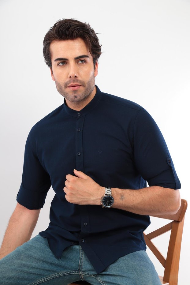 Hakim Yaka Slim Fit Linen Men's Shirt with Gift Box Fs-003042 - Navy Blue
