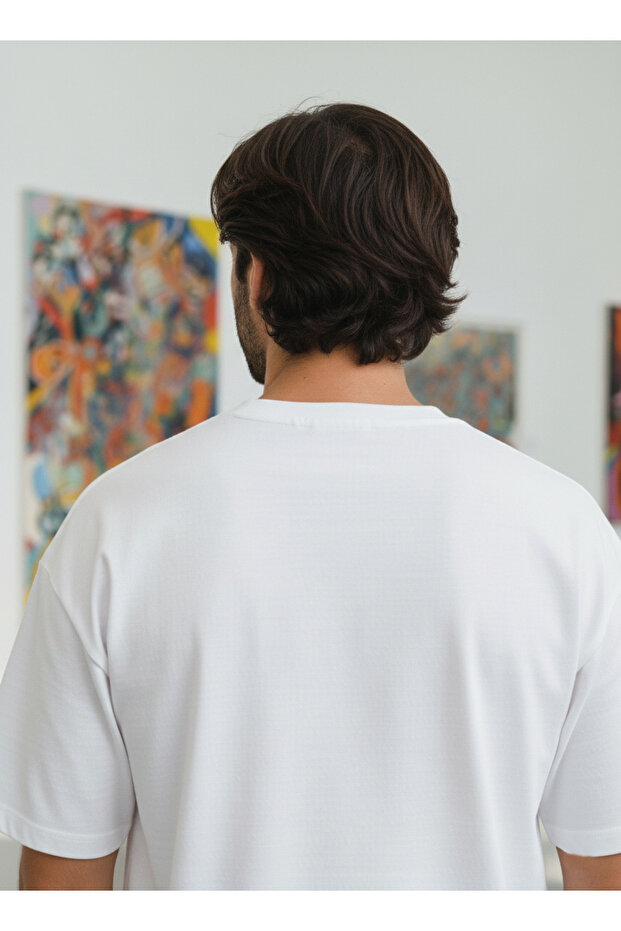 Erkek Beyaz Nakış Detaylı %100 Pamuklu Bisiklet Yaka Basic Tişört - 6