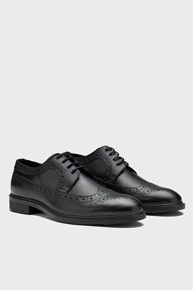 Men's Black Genuine Leather Lace-Up Classic Shoes - Dolphin