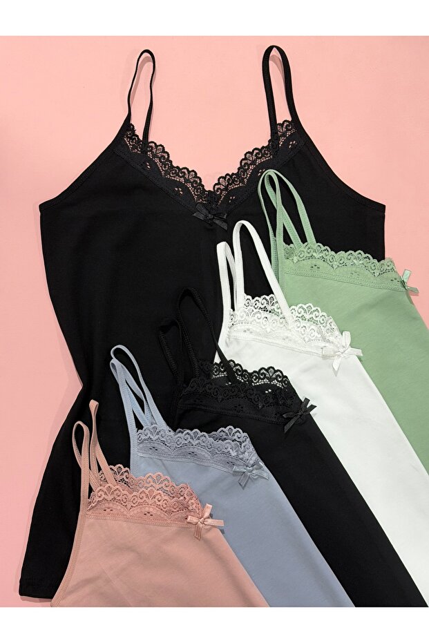 6 Pieces Women's Lace String Strap Cotton Undershirt (navy blue-salmon-ecru-pink-plum-gray)