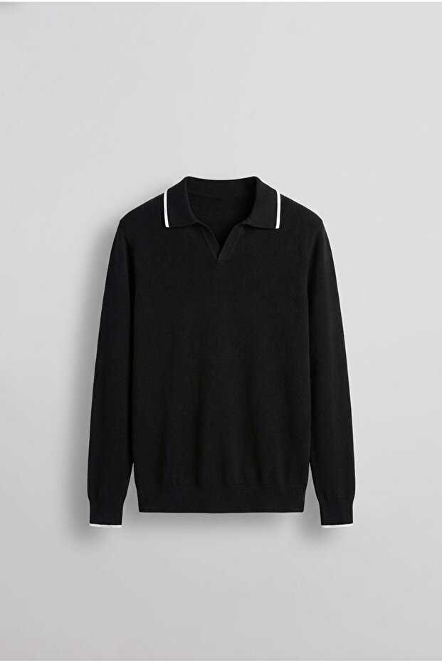 Men's Polo Neck Thin Corded Sweater Black
