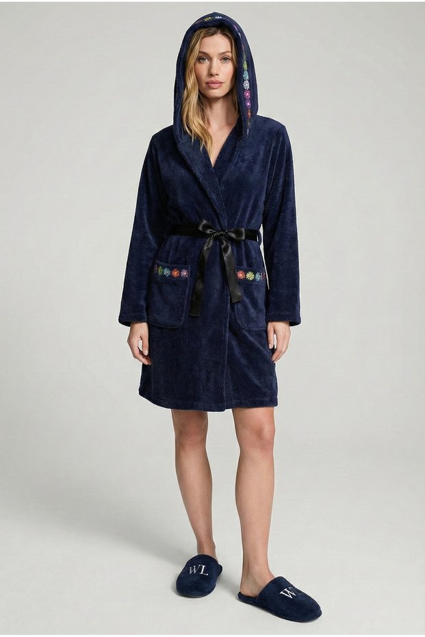 Women's 100% Bamboo Hooded Soft Extra Soft Dressing Gown with Embroidery Detail