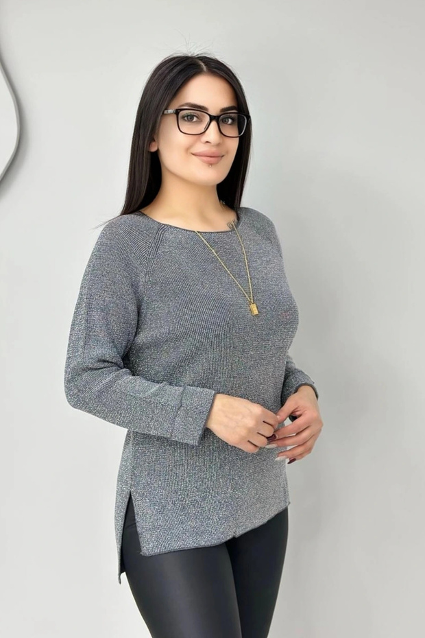 Women's Gray Crew Neck Silvery Thin T-Shirt Double Sleeve Cuffed Blouse
