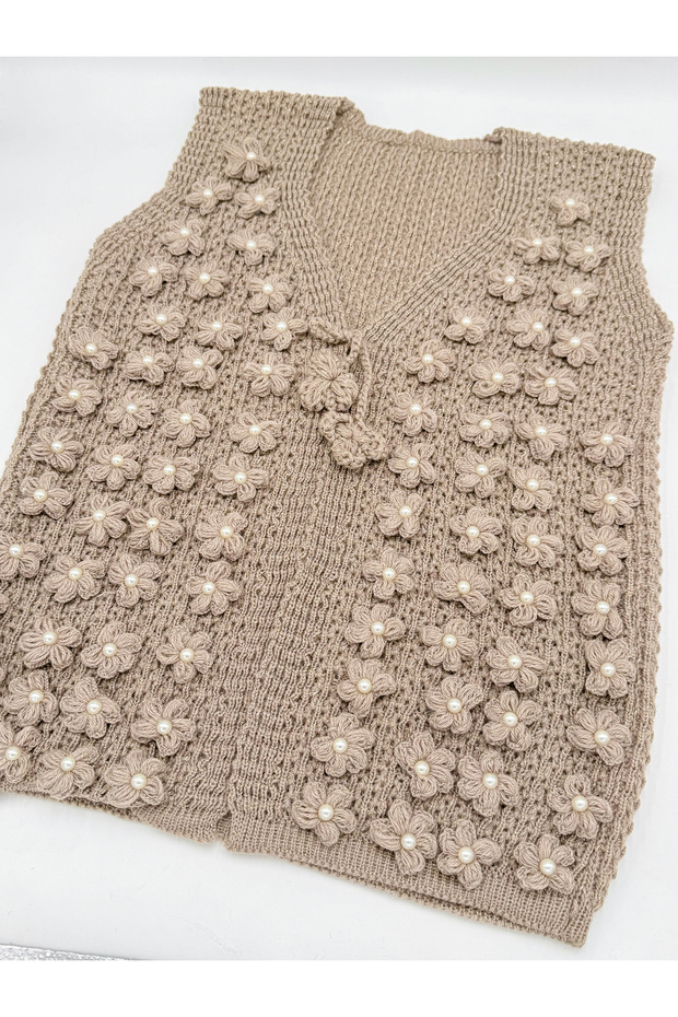 Handmade Pearl Flower Embroidered Knitted Dowry Gift Women's Vest