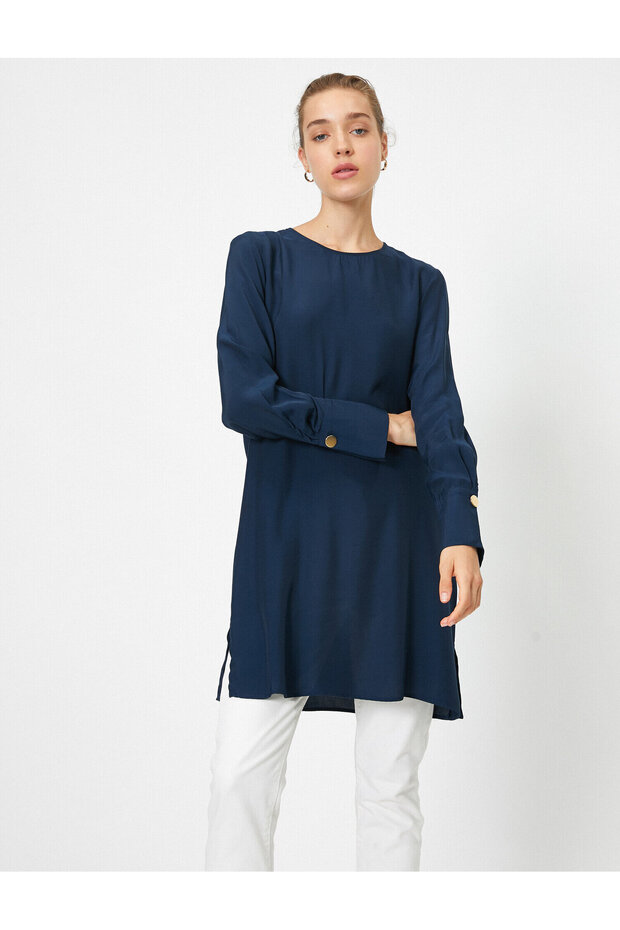 Crew Neck Long Sleeve Flared Hem Blouse