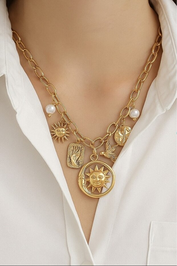 Steel Ring Chain Dangle Moon Sun Figure Bird Detail Women Necklace