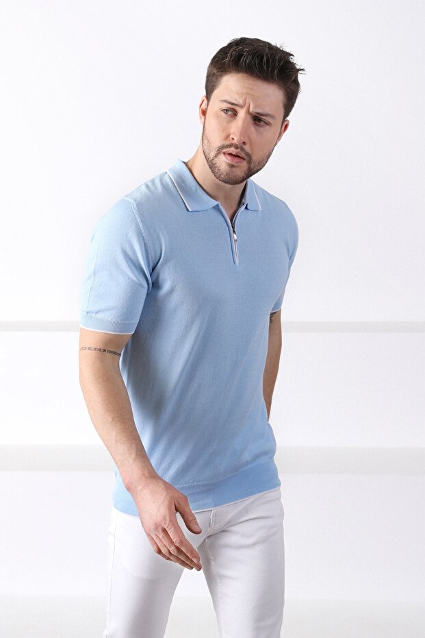 Ice Blue Collar Stripe Zippered Men's Cotton Knitwear T-Shirt