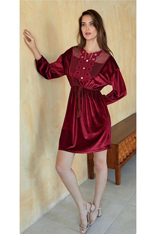 İpekmood Velvet Dress with Collar Detail