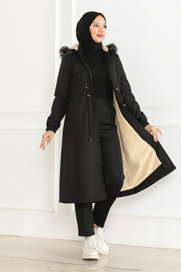 Women's Sheepskin Bonded Fabric Zippered Black Winter Coat
