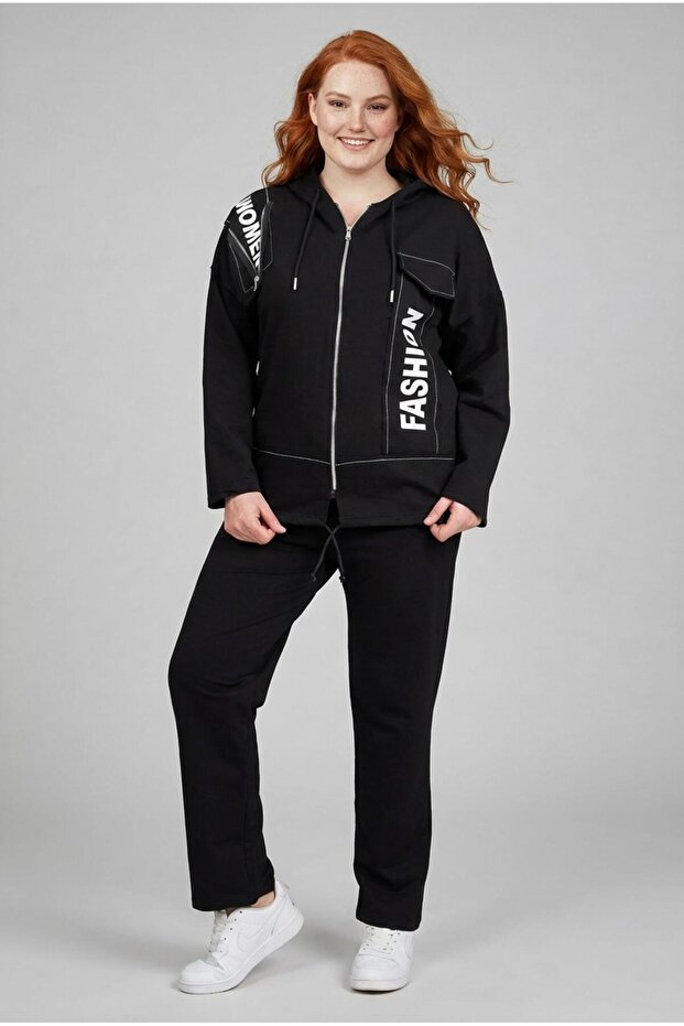 Women's Plus Size Woven Garni Detailed Hooded Black Tracksuit Set