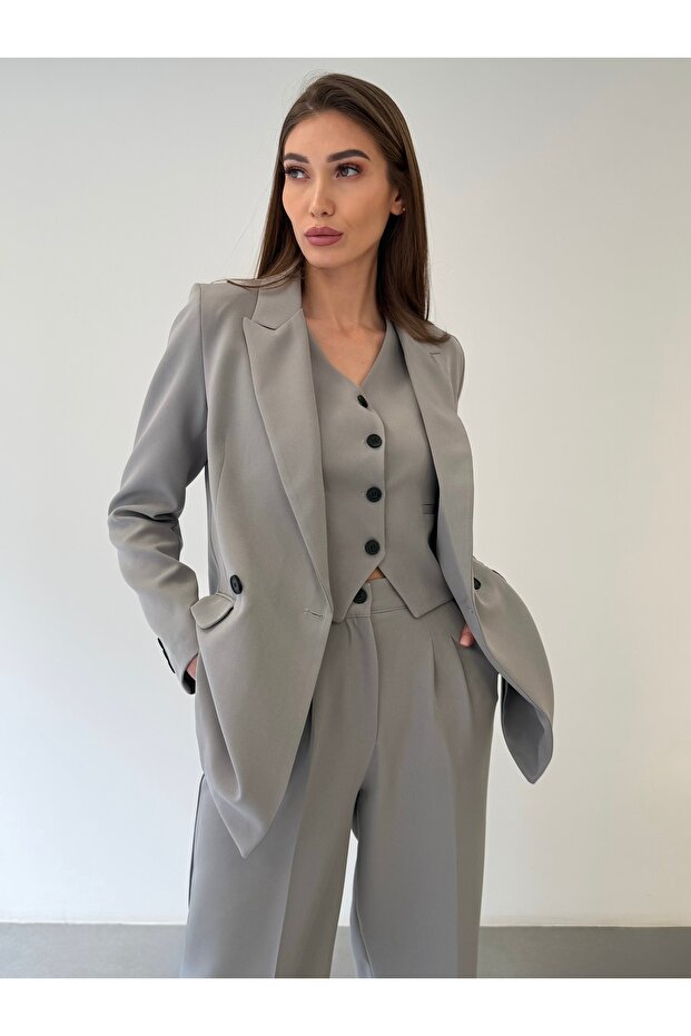Limitált kiadású női kabát, mellény, Palazzo nadrág szürke 3 részes szett – Irodai és stílusos összeállítás - 1