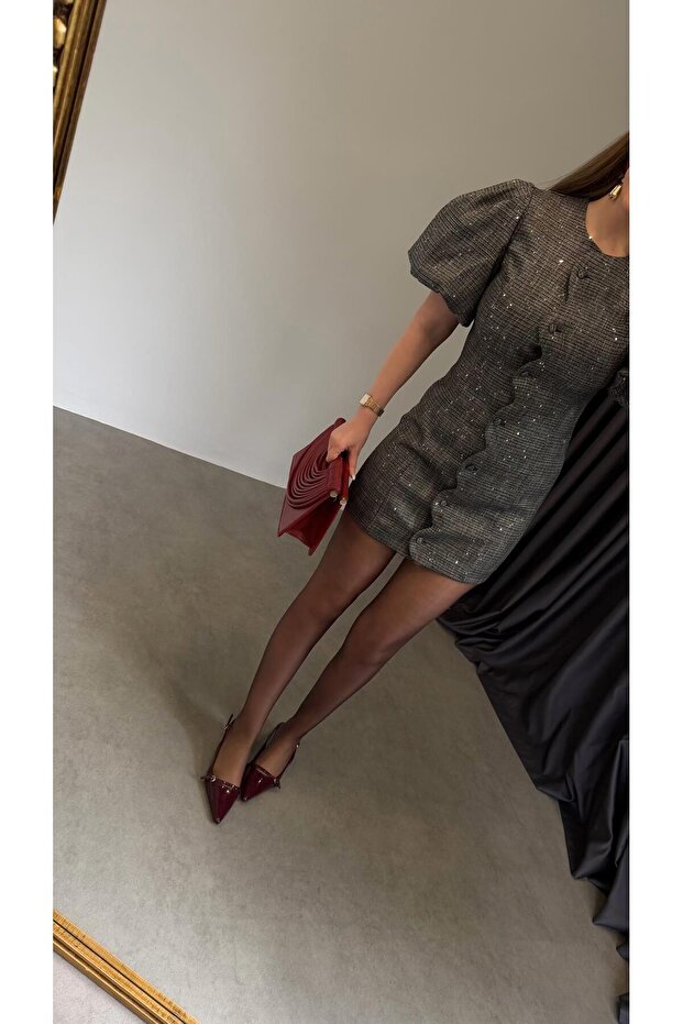 Kopi Pullu Elbise Gri - 3