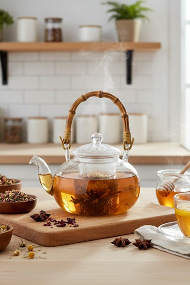 Bamboo Handle Glass Strainer Teapot 1000 ml (Glass Herbal Tea Stove)