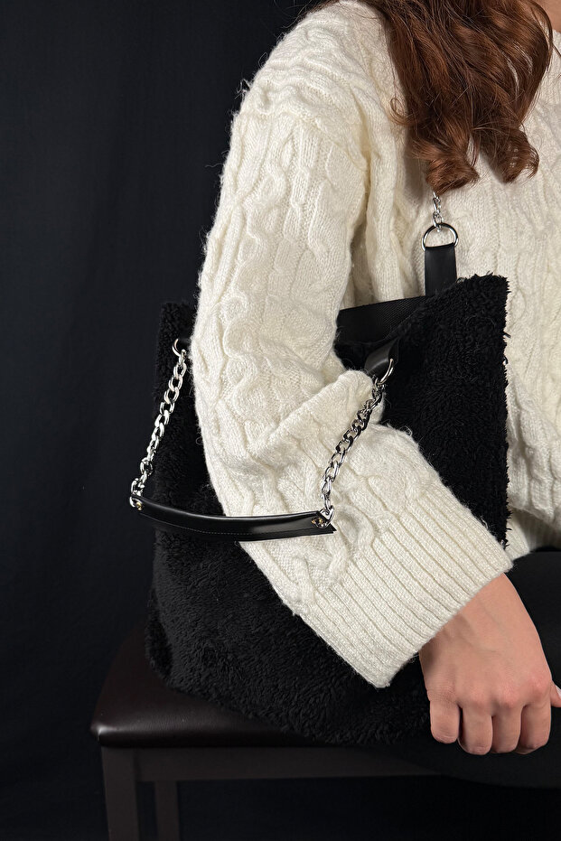Furry Soft Touch Plush & Leather Women's Black Hand and Shoulder Bag Silver Chain Handle