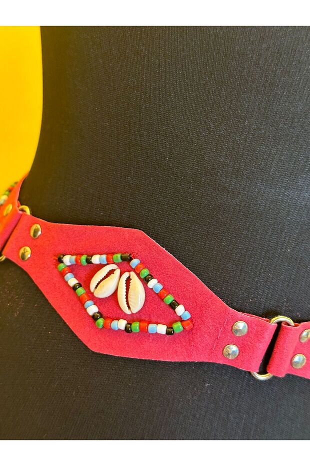 AUTHENTIC WOMEN BELT WITH RED LEATHER BEADS AND CLAMSHELL EMBROIDERY LACES
