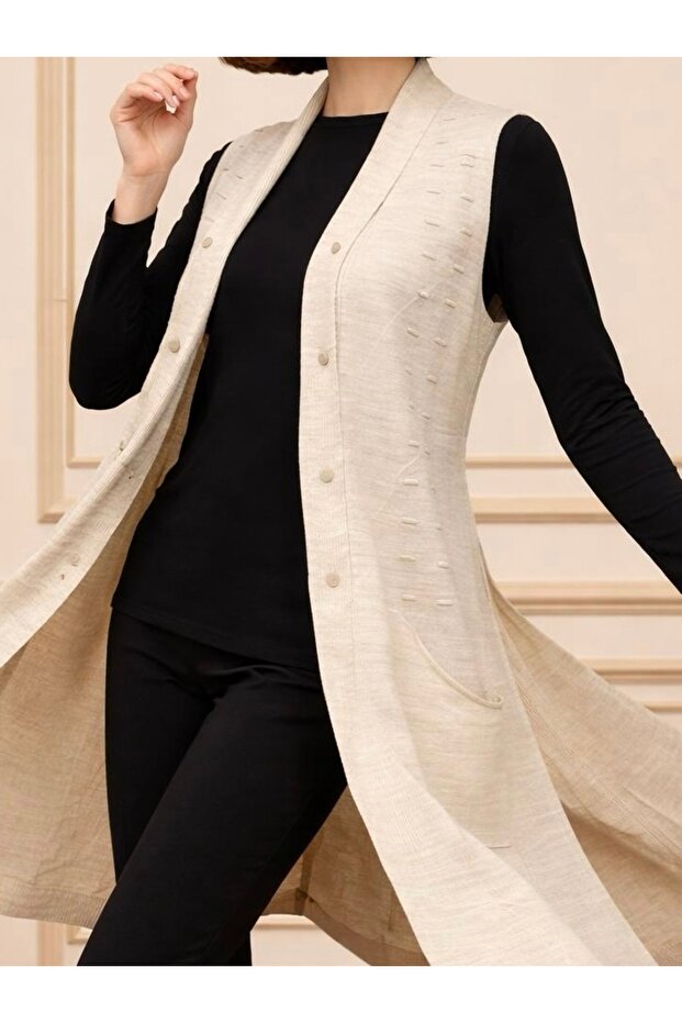 Şık Düğmeli Triko Genç Yeleği / Taş - 4