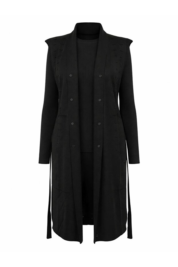 Şık Düğmeli Triko Genç Yeleği / Siyah - 7