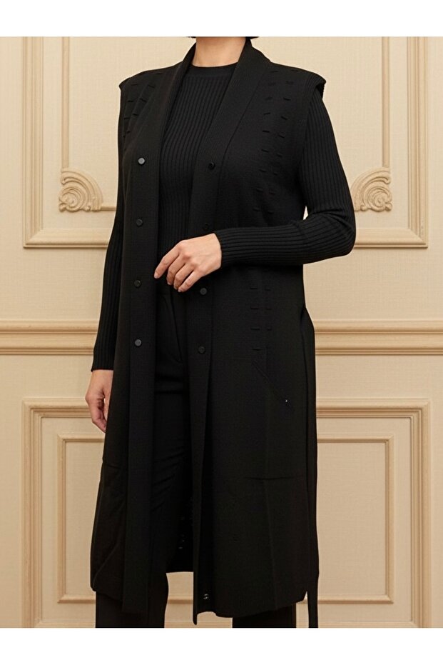 Şık Düğmeli Triko Genç Yeleği / Siyah - 6