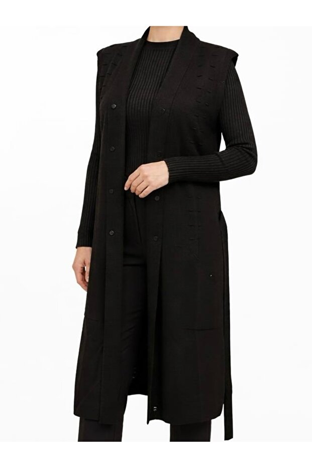 Şık Düğmeli Triko Genç Yeleği / Siyah - 4