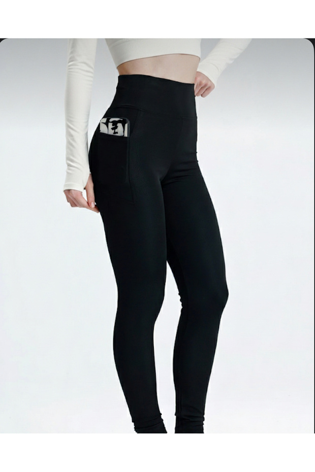 Női fekete, magas derekú, téli, polár bélésű leggings zsebekkel - 4