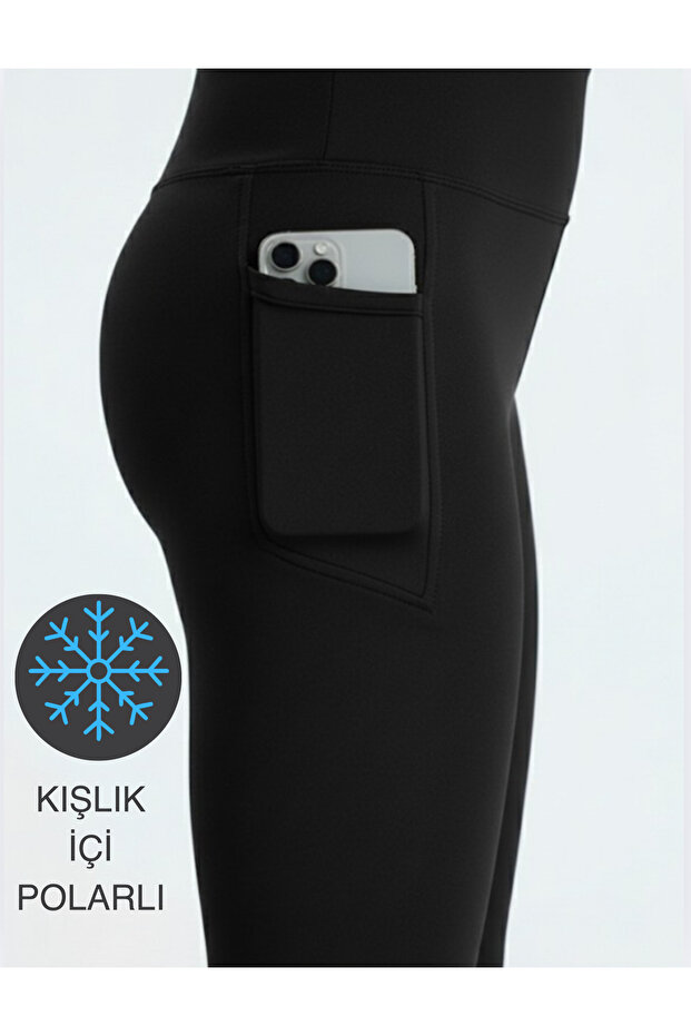 Női fekete, magas derekú, téli, polár bélésű leggings zsebekkel - 1