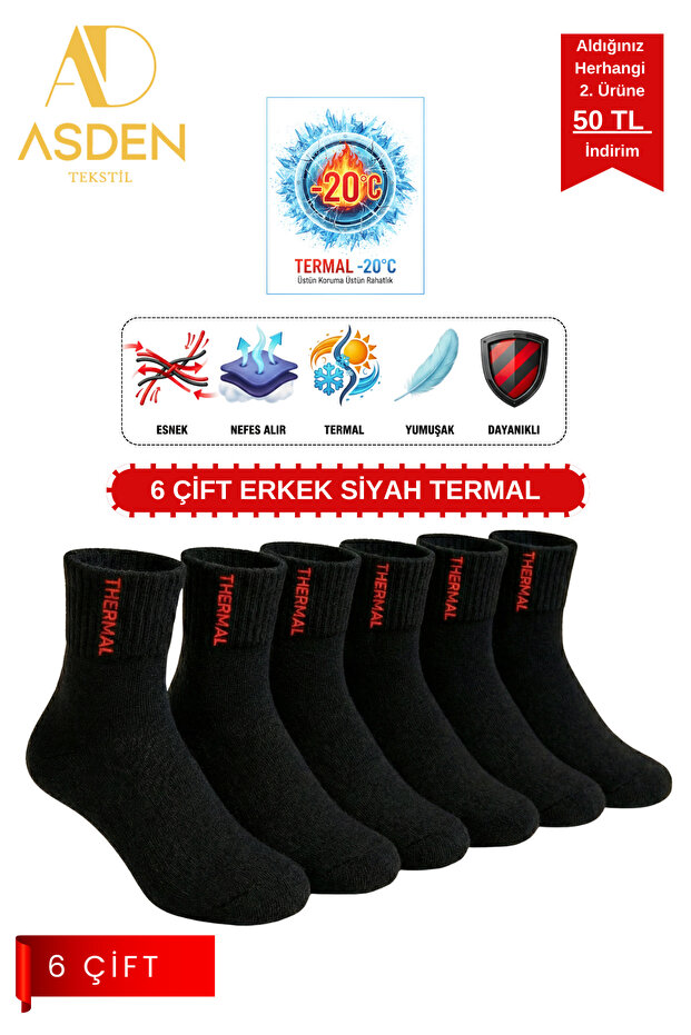 6 Pairs of Thermal Men's Socks | Extra Thick Towel Premium Cotton | Burun Stitch-Free Short Cone (Black)