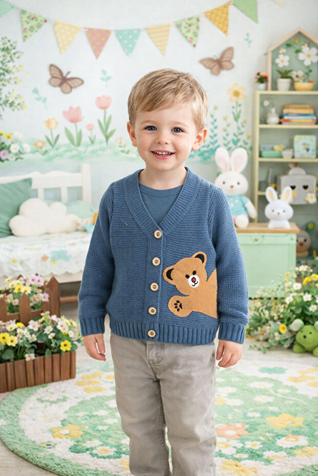 Knitwear Girl Boy Baby Bear Figure Buttoned Cardigan