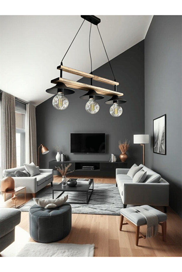 Retro Rustik Eskitme Ahşap 3'lü Siyah Sarkit Avize - 1