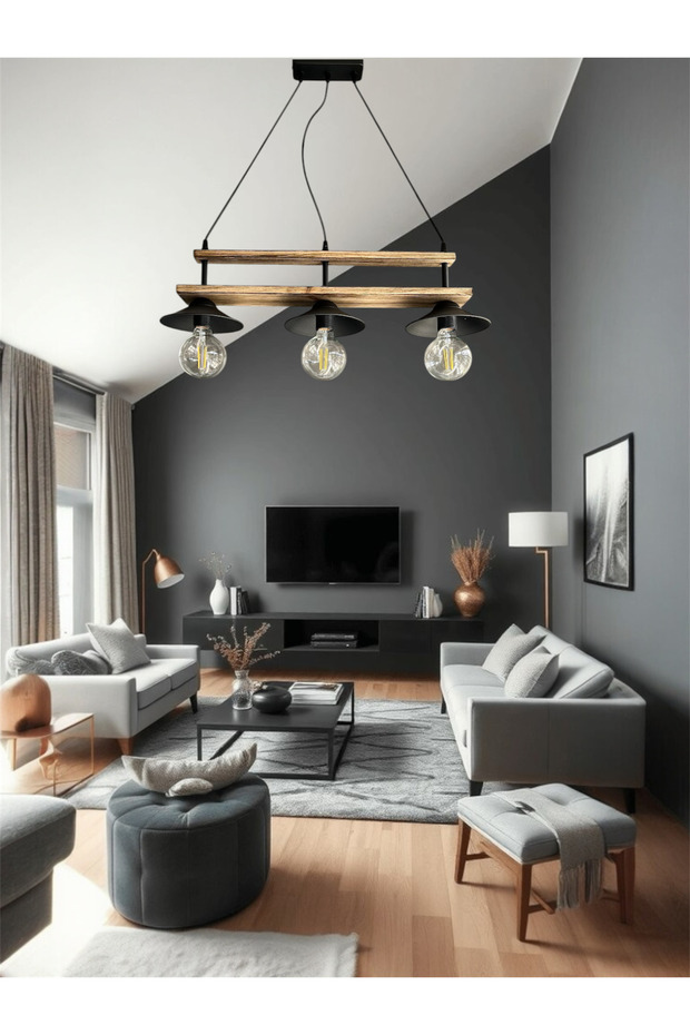 Retro Rustik Eskitme Ahşap 3'lü Siyah Sarkit Avize - 2